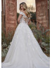 Off Shoulder Ivory Sequined Lace Tulle Illusion Back Wedding Dress
